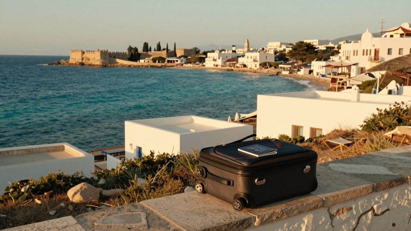 Rhodes coastline and traveler luggage