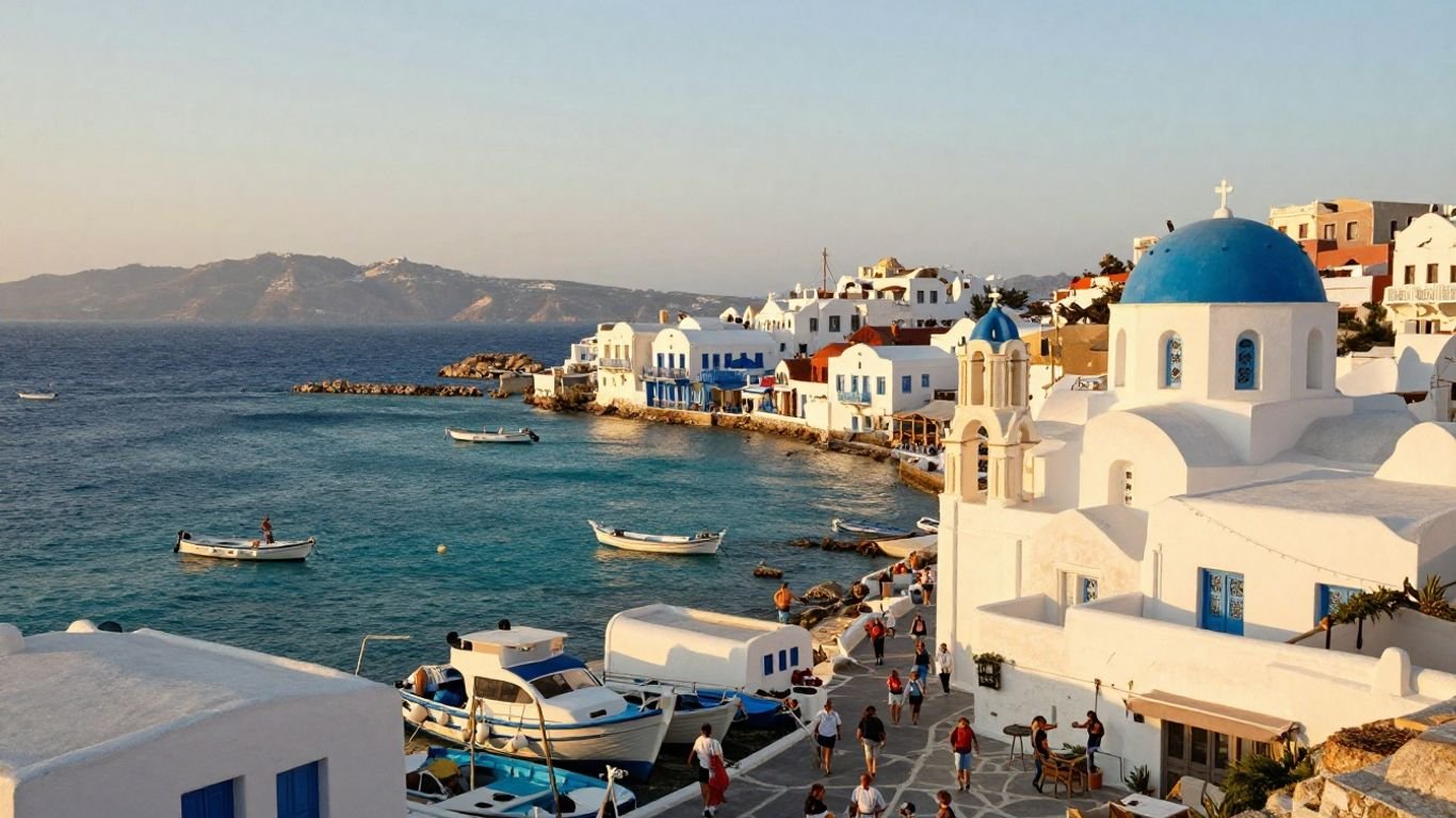 Mykonos harbor at sunset with travelers