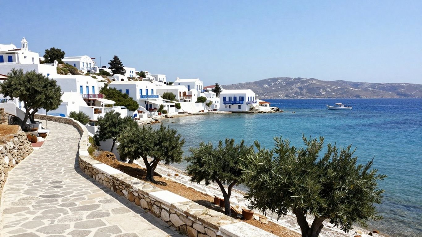 Whitewashed Paros village beside a blue sea