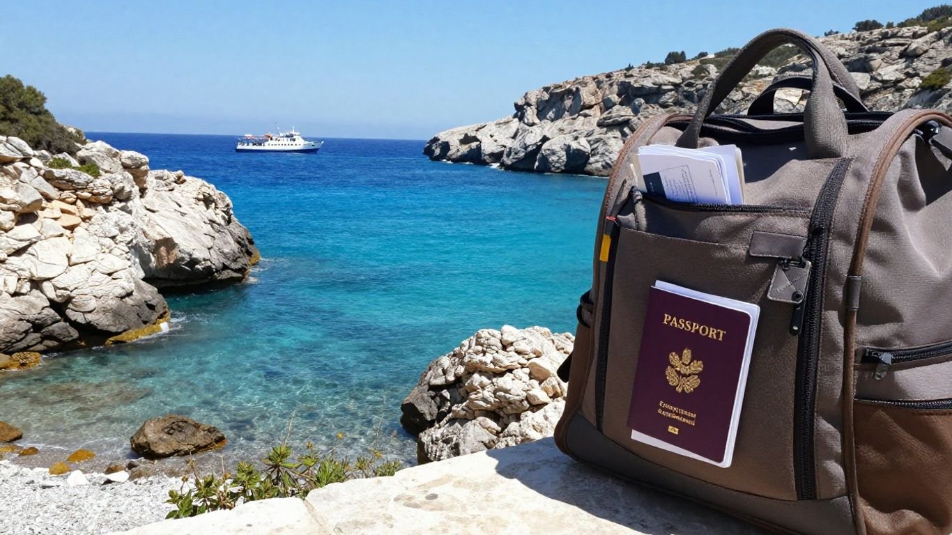 Crete coastline and traveler documents